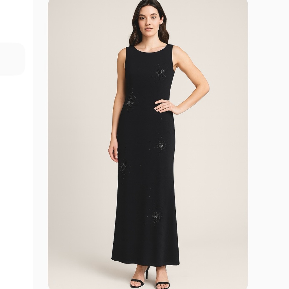 Chelsea Nites VTG Black Beaded Evening Gown Dress Sz 8P Sleeveless Maxi Formal